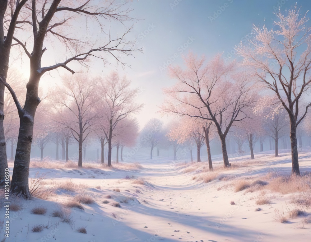 A tranquil winter scene with bare trees, snowy ground, and delicate snowflakes falling gently amidst soft pastel hues, serene nature, gentle snowflakes, bare trees A tranquil winter scene with bare trees, snowy ground, and delicate snowflakes falling gently amidst soft pastel hues, serene nature, gentle snowflakes, bare trees