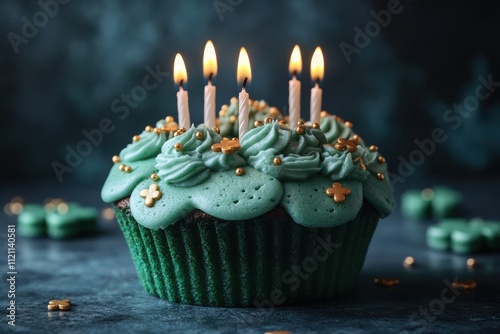 Celebratory cupcake with green shamrock decor and lit candles for st. patrick's day