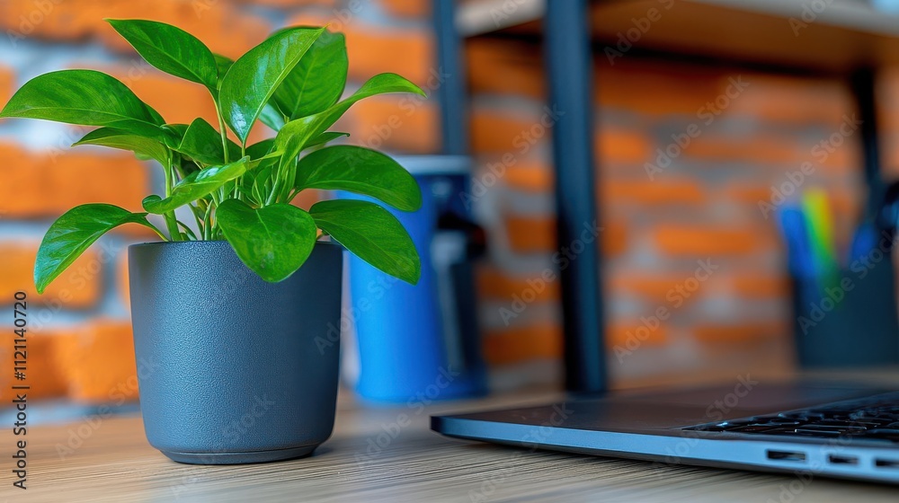 Potted plant on desk beside a laptop in a cozy workspace with brick wall backdrop. Potted plant on desk beside a laptop in a cozy workspace with brick wall backdrop.