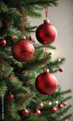 Red and green ornaments hanging from a Christmas tree branch, christmas tree, garland, color