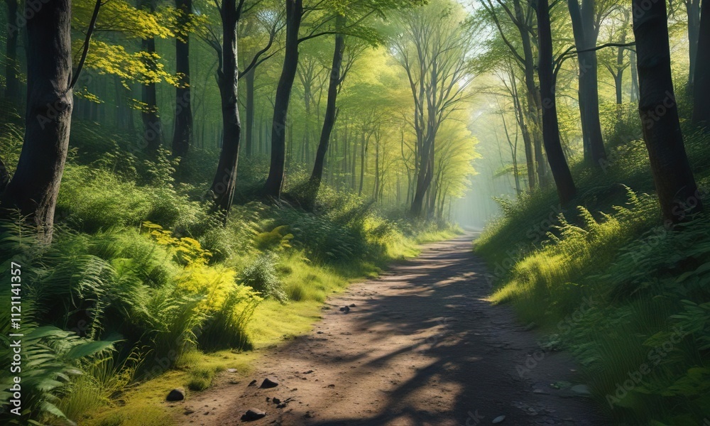 Obraz premium Secluded path in the woods with abstract gradient grainy texture and vibrant green yellow black surroundings , abstract, nature, grainy