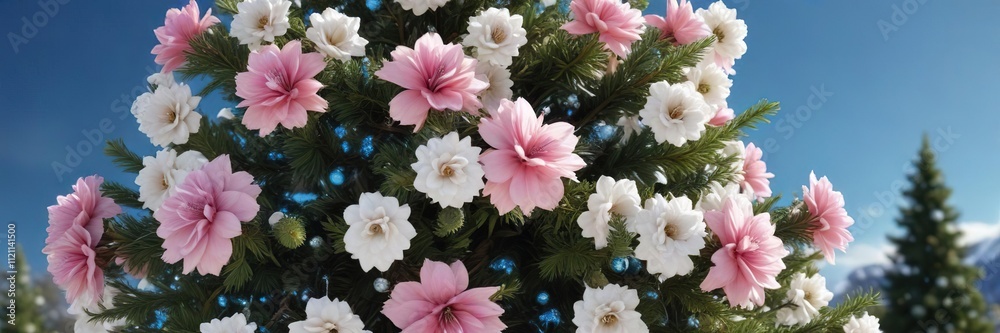 Obraz premium A pink and white flower-adorned Christmas tree sits under a clear blue sky, white flowers, frosty landscape, snowflakes