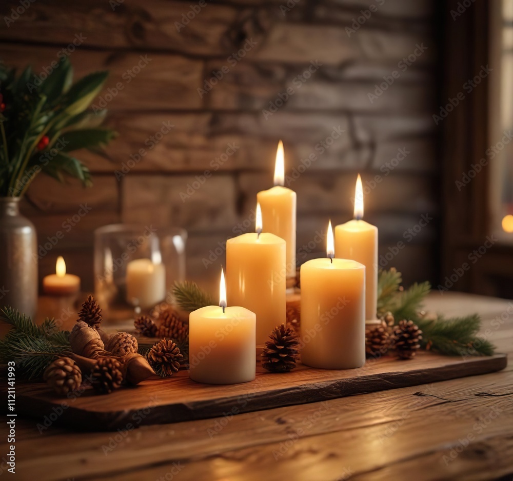 Softly glowing candles on a rustic wooden table against a warm and cozy Advent background, candlelight, fireside chat Softly glowing candles on a rustic wooden table against a warm and cozy Advent background, candlelight, fireside chat