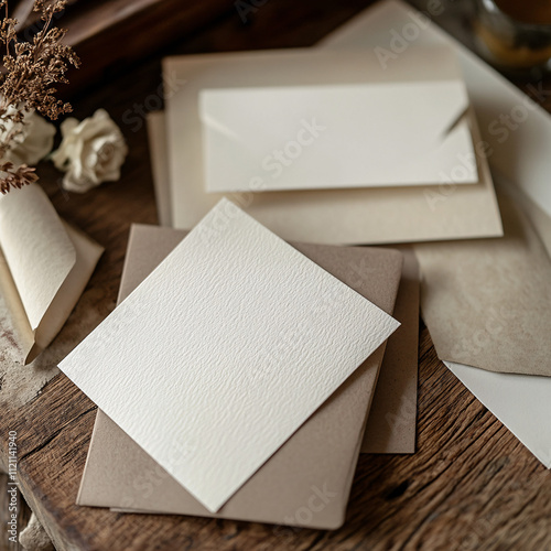 blank white card mockup on brown envelopes on rustic wooden table with natural dried flowers  and light background for branding and stationary design