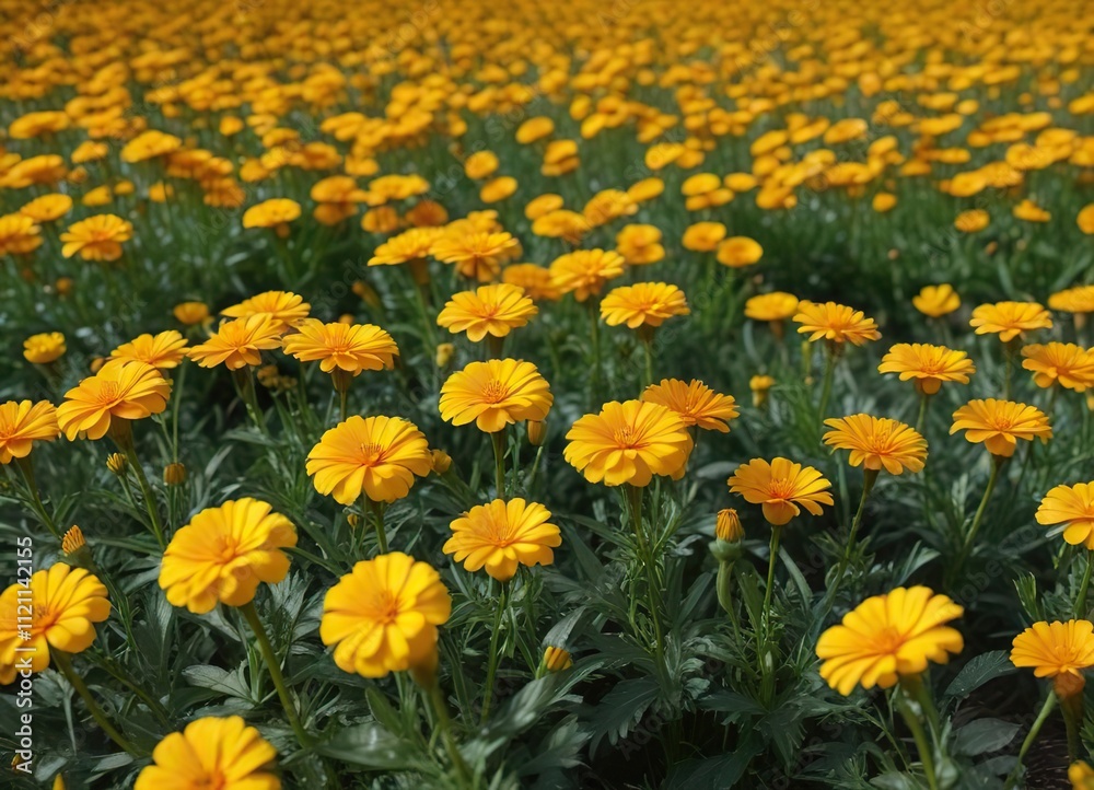 A field of bright yellow marigold flowers with delicate petals and a strong stem, swaying gently in the breeze, countryside view, flower field A field of bright yellow marigold flowers with delicate petals and a strong stem, swaying gently in the breeze, countryside view, flower field