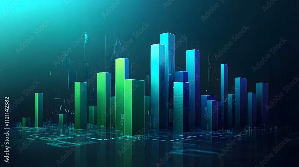 Abstract blocks of green and blue hues forming a 3D bar graph, symbolizing financial growth. Abstract blocks of green and blue hues forming a 3D bar graph, symbolizing financial growth.