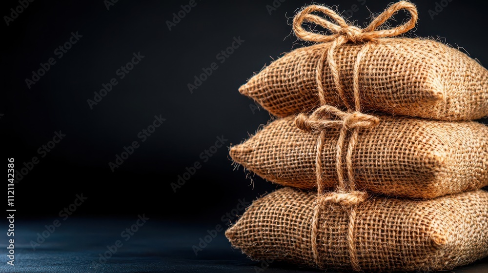 Fototapeta premium Three burlap sacks tied with twine, stacked elegantly on a dark background.