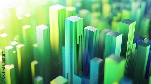 Abstract blocks of green and blue hues forming a 3D bar graph, symbolizing financial growth.