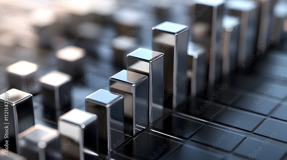 Fototapeta premium A fragmented design of metallic cubes rising upward, forming an abstract income graph.