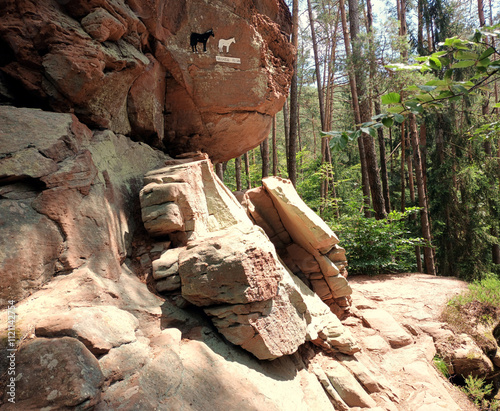 Der Rosskegel-Felsen im Pfälzerwald bei Dahn im Landkreis Südwestpfalz im deutschen Bundesland Rheinland-Pfalz. Aussicht vom Premium-Wanderweg Dahner Felsenpfad.