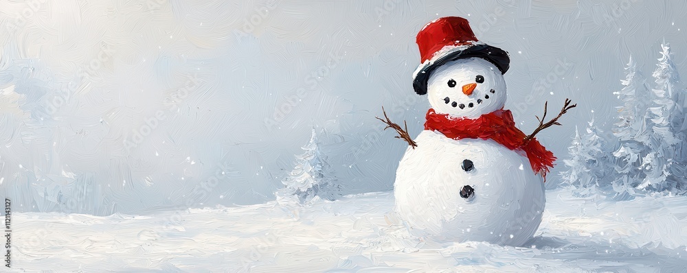 A cheerful snowman wearing a red hat and scarf stands in a snowy landscape, surrounded by pale winter scenery.