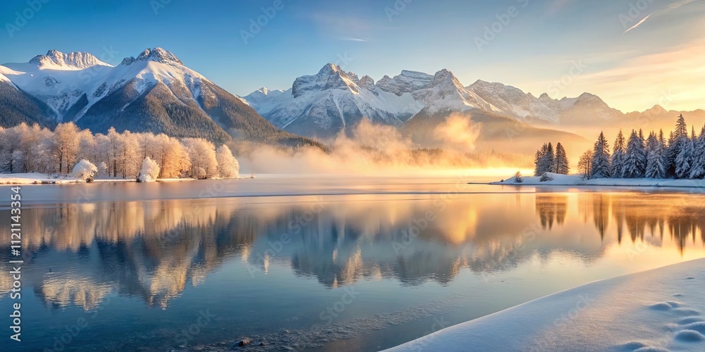 Fototapeta premium Serene Winter Sunrise Over a Still, Frozen Lake Reflected in the Majestic Mountains