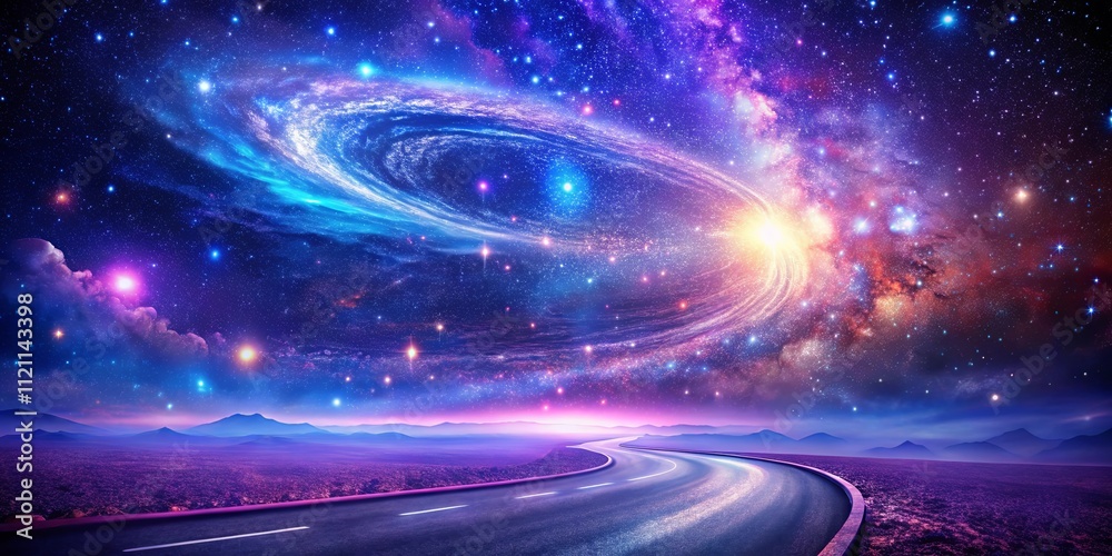 A winding road leads towards a vibrant, swirling galaxy under a spectacular night sky filled with stars A winding road leads towards a vibrant, swirling galaxy under a spectacular night sky filled with stars