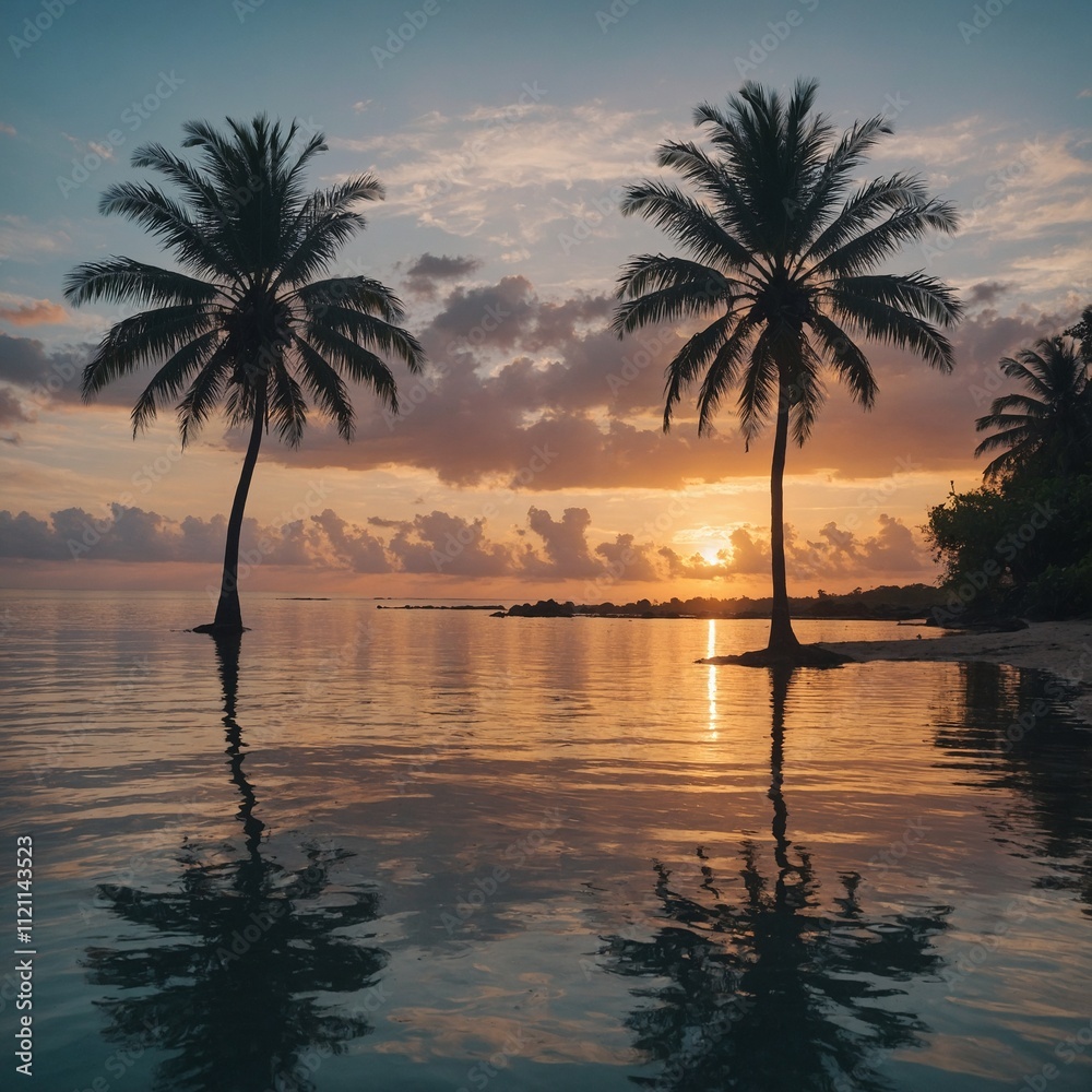 Obraz premium A serene tropical beach at sunset with palm trees reflected in the water.