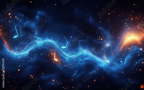 A blue and orange line of music notes in the sky