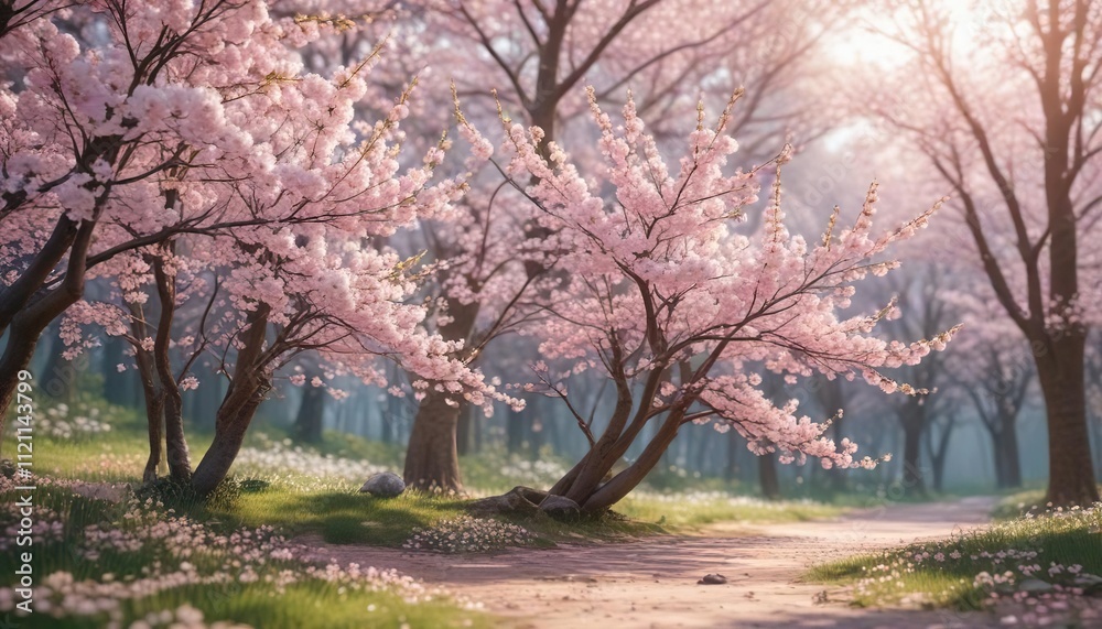 Cherry blossoms with soft pink hues and gentle colors in a serene forest glade , harmony, peaceful, forest Cherry blossoms with soft pink hues and gentle colors in a serene forest glade , harmony, peaceful, forest