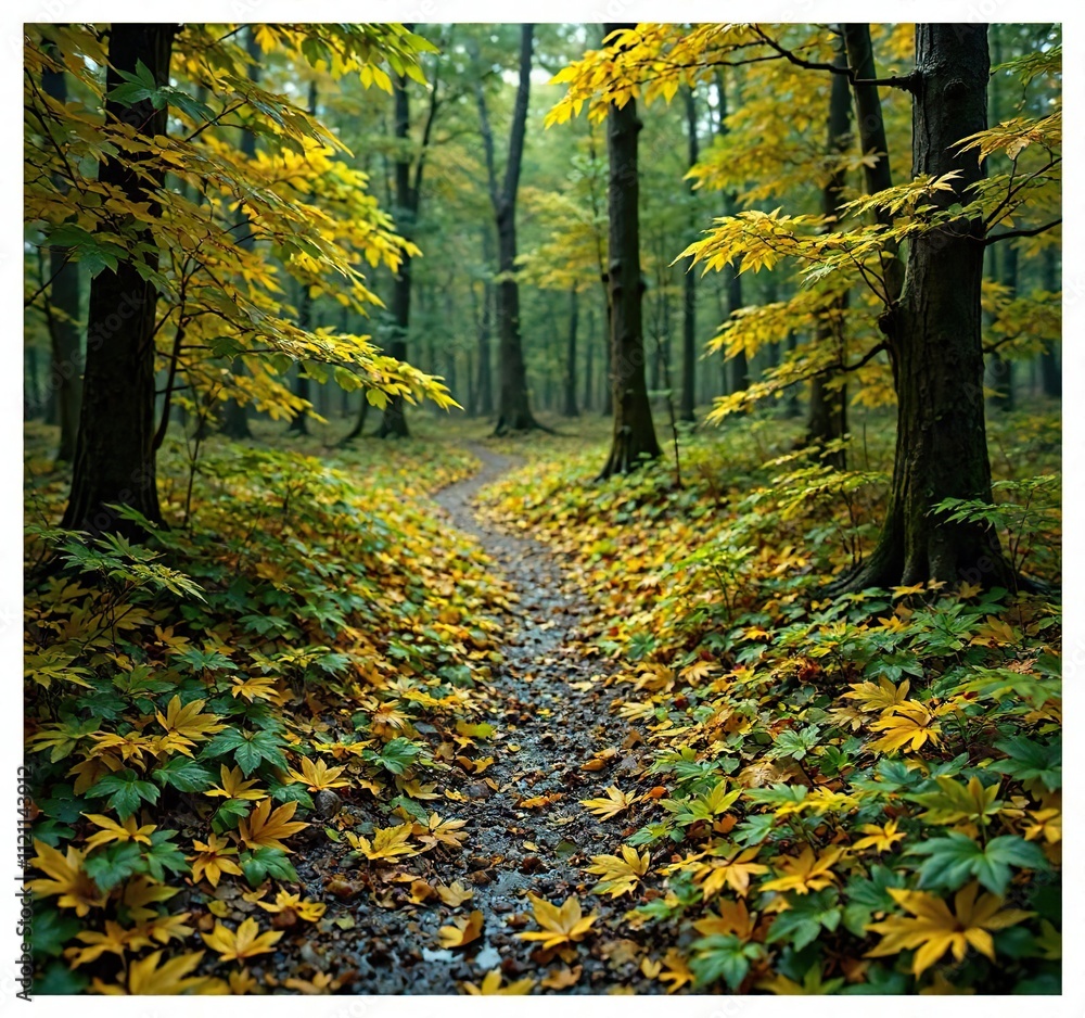 Obraz premium Forest floor covered with wet yellow and green maple leaves , fallen, wet