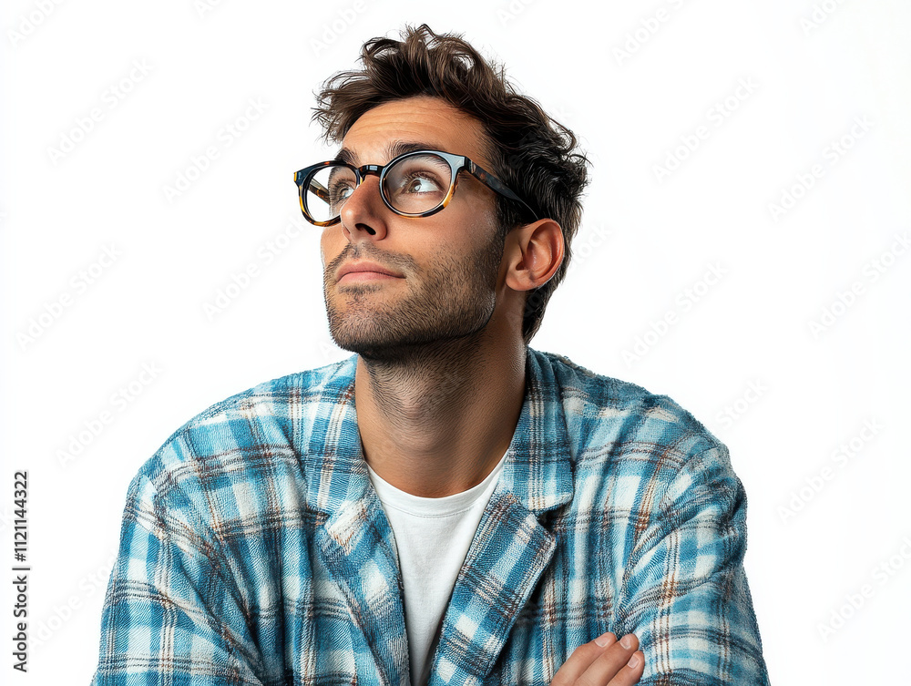 Obraz premium man in blue plaid shirt looks thoughtfully upwards, isolated background