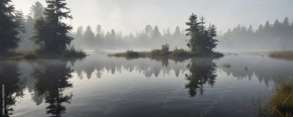 Atmospheric fog rolling across the water surface of a small atmospheric swampy lake, surface, misty, light Atmospheric fog rolling across the water surface of a small atmospheric swampy lake, surface, misty, light