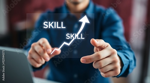 Up skill and personal development concept. employee pointing arrow to upskill or reskill, kill training, education, learning, ability, knowledge and competency for digital transformation.