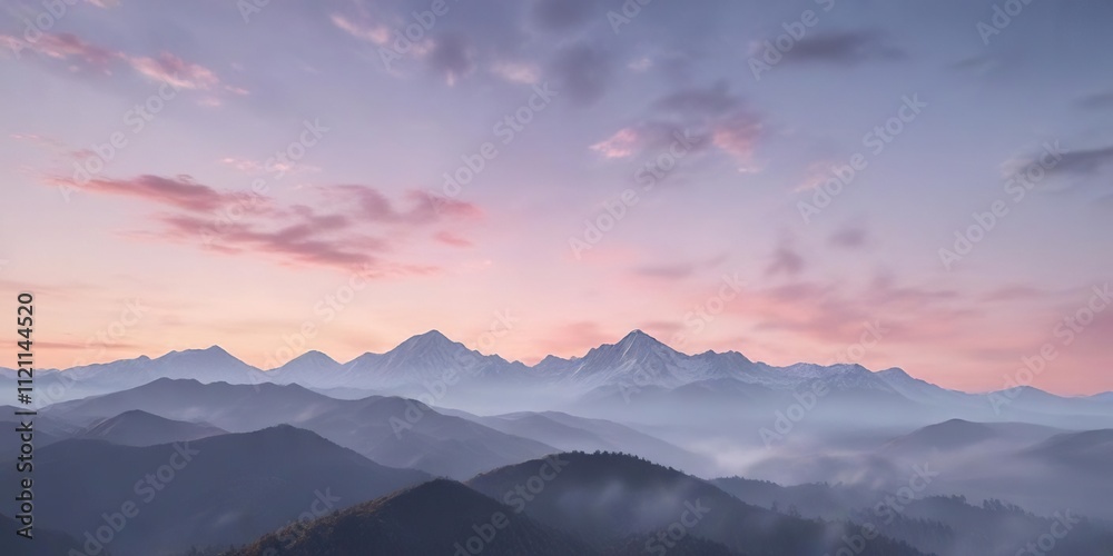 Soft pastel gradient sky with blurred mountains and clouds, dreamy sky, calm environment Soft pastel gradient sky with blurred mountains and clouds, dreamy sky, calm environment