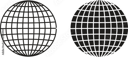 World glob icons set. World planet earth black flat line vector collection isolated on transparent background. Globes with world maps symbol. Silhouette of the Geographical globe with meridians web.