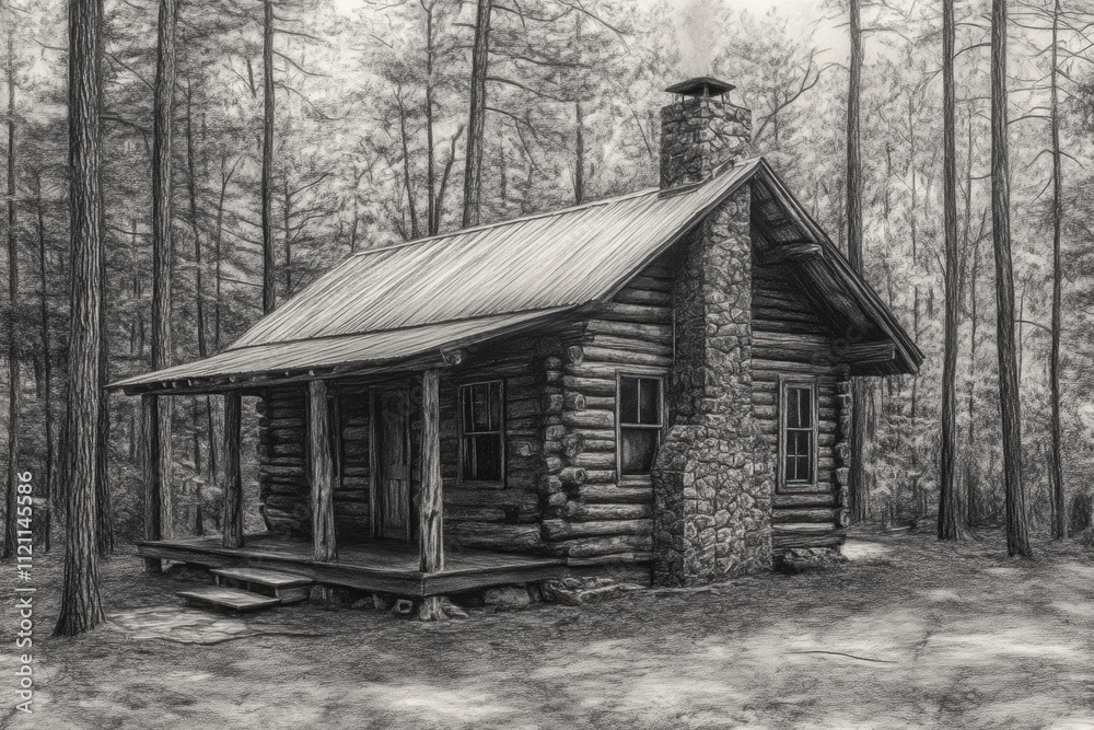Rustic log cabin nestled in a tranquil forest, showcasing traditional craftsmanship with a stone chimney and wooden porch, surrounded by tall trees in a serene atmosphere. Rustic log cabin nestled in a tranquil forest, showcasing traditional craftsmanship with a stone chimney and wooden porch, surrounded by tall trees in a serene atmosphere.