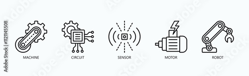 Building Blocks Of Robotics And Automation Icon Set Vector Illustration Concept With Icon Of Machine, Circuit, Sensor, Motor, Robot In Outline Style