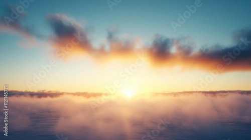 A massive power plant emitting steam, with the first light of dawn breaking over the horizon