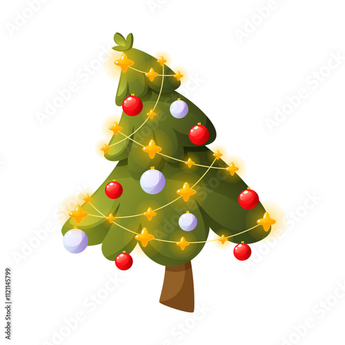 Vector Christmas green tree on white background. Beautiful shining New Year tree with decorations, balls, garland, bulbs. Festive cozy spruce, forest pine. Clip art for postcards and posters.