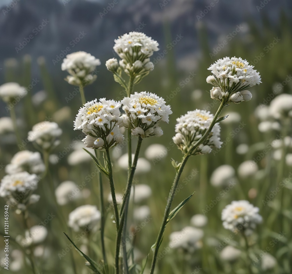 Detail of Western Pearly Everlasting flower with long stems , evergreen perennial, wildflowers, western pearly everlasting