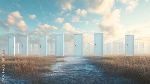 Surreal landscape with multiple white doors under a blue sky,青空の下に立ち並ぶ複数の白い扉のシュールな風景.Generative AI