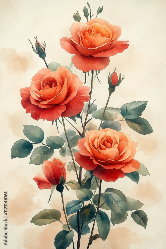 A painting of three red roses with green leaves A painting of three red roses with green leaves