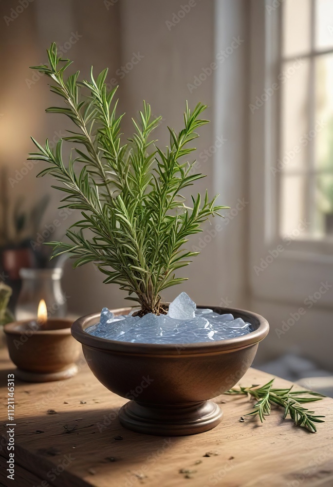 Fototapeta premium Altar with a bowl of water and a sprig of rosemary, spiritual practice, water