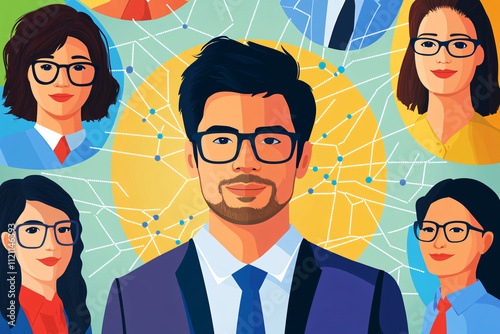 A man with glasses is surrounded by a group of people