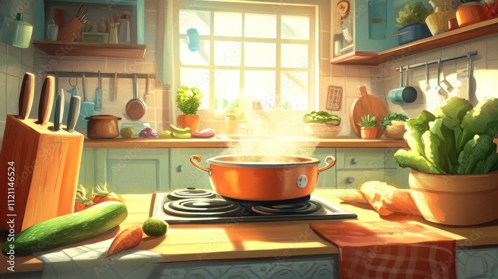 A cozy kitchen scene with a steaming pot and fresh vegetables, evoking warmth and cooking. A cozy kitchen scene with a steaming pot and fresh vegetables, evoking warmth and cooking.