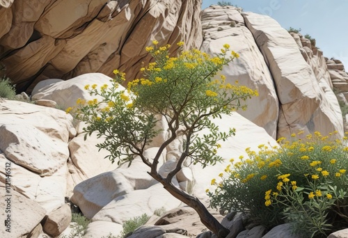 Low-angle shot of Acacia concinna with silvery-green leaves and delicate yellow flowers in front of a rocky outcrop on a white background , bushy shrub, desert flora, Acacia concinna photo