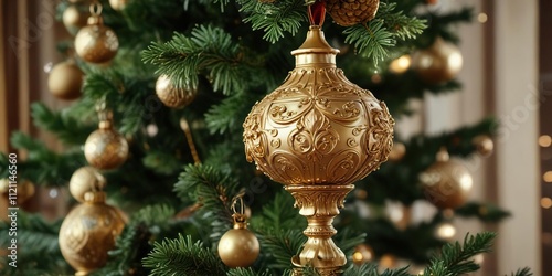 Ornate metal finial ornament with golden details on top of a Christmas tree , festive decorations, metal crafts photo