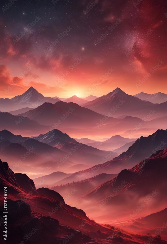 Obraz premium abstract red background with glittering starry sky and misty mountains, mountainous landscape, peaceful scene