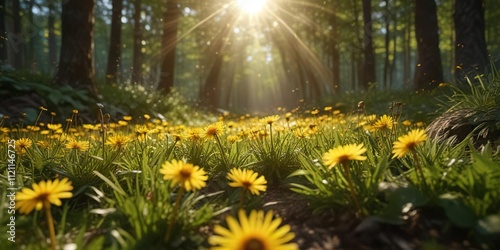A burst of golden dandelion petals bursting forth from a hidden flowerbed in a sun-dappled forest, burst, forest