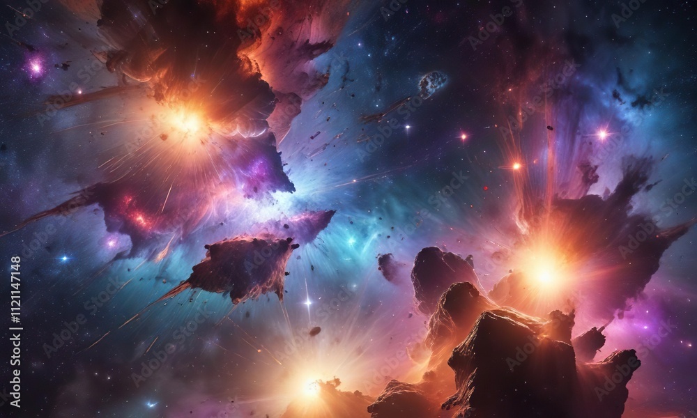 Radiant colorful nebula with bright stars amidst a vast expanse of sparkling cosmic dust , astronomy, stars, space Radiant colorful nebula with bright stars amidst a vast expanse of sparkling cosmic dust , astronomy, stars, space