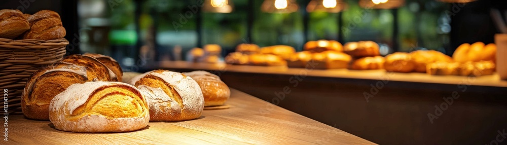A wooden counter filled with freshly baked bread and pastries, surrounded by warm lighting A wooden counter filled with freshly baked bread and pastries, surrounded by warm lighting