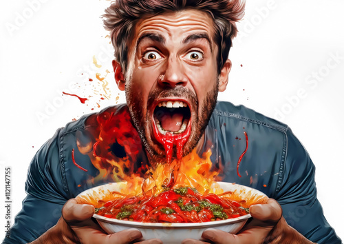 Portrait of a hungry man eating spaghetti isolated over white background.