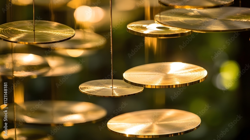 Floating golden disks spinning in dynamic harmony. Floating golden disks spinning in dynamic harmony.