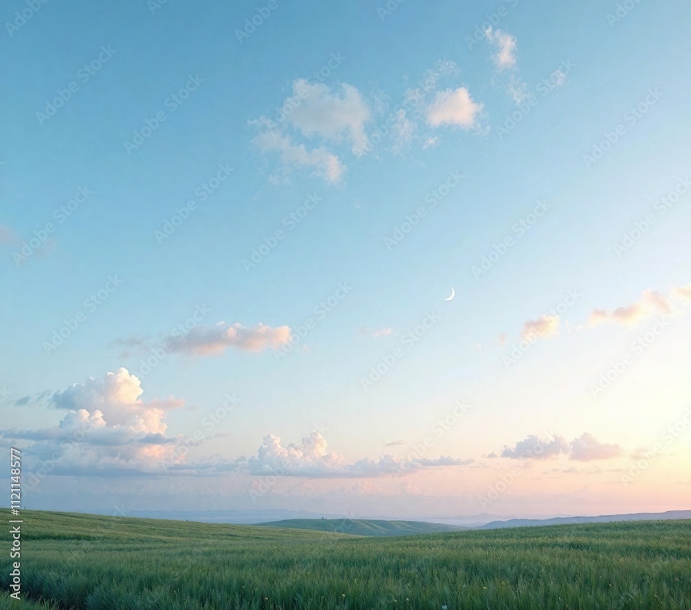 Tranquil serene landscape with a pale blue canvas of a clear evening sky dotted with soft white clouds and a small crescent moon hanging low in the horizon, , lunar Tranquil serene landscape with a pale blue canvas of a clear evening sky dotted with soft white clouds and a small crescent moon hanging low in the horizon, , lunar