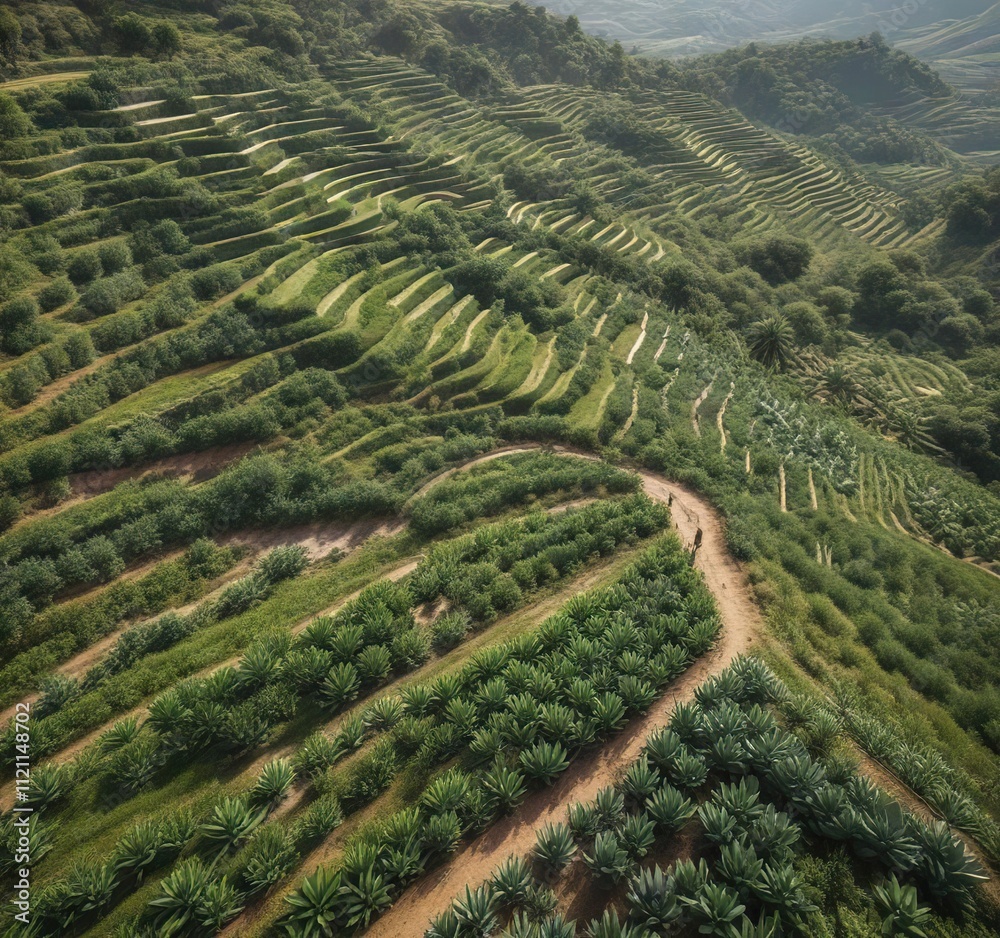 Aerial view of a lush green hillside covered with aloe vera plants and terraced fields, rural scene, farm Aerial view of a lush green hillside covered with aloe vera plants and terraced fields, rural scene, farm