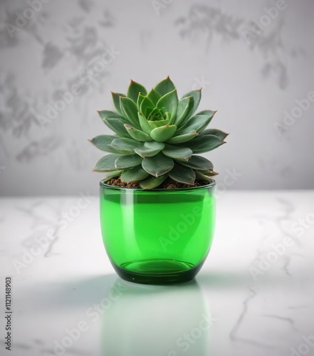 Small green succulent in a bright green glass cup placed on a clean and modern white surface , simpleliving, greenglasscup photo