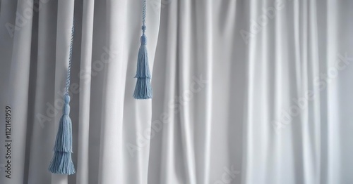 White cotton fabric curtain with a blue silver tassel at the bottom, blue tassel, window treatment, silver trim