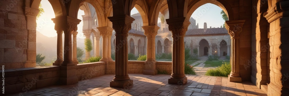 Fototapeta premium Ancient cloister's stonework bathed in sunrise light , sunlight, morning, stonework