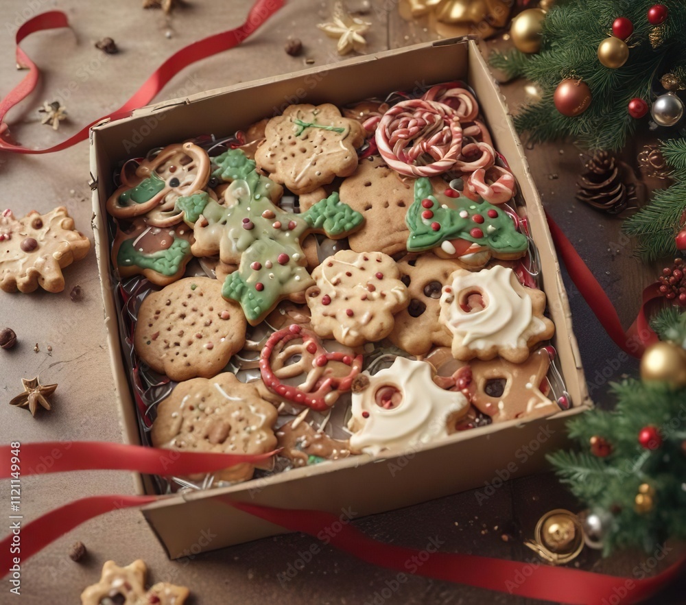 A box of Christmas cookie mixes with festive ribbons and decorations , holiday baking, christmas presents